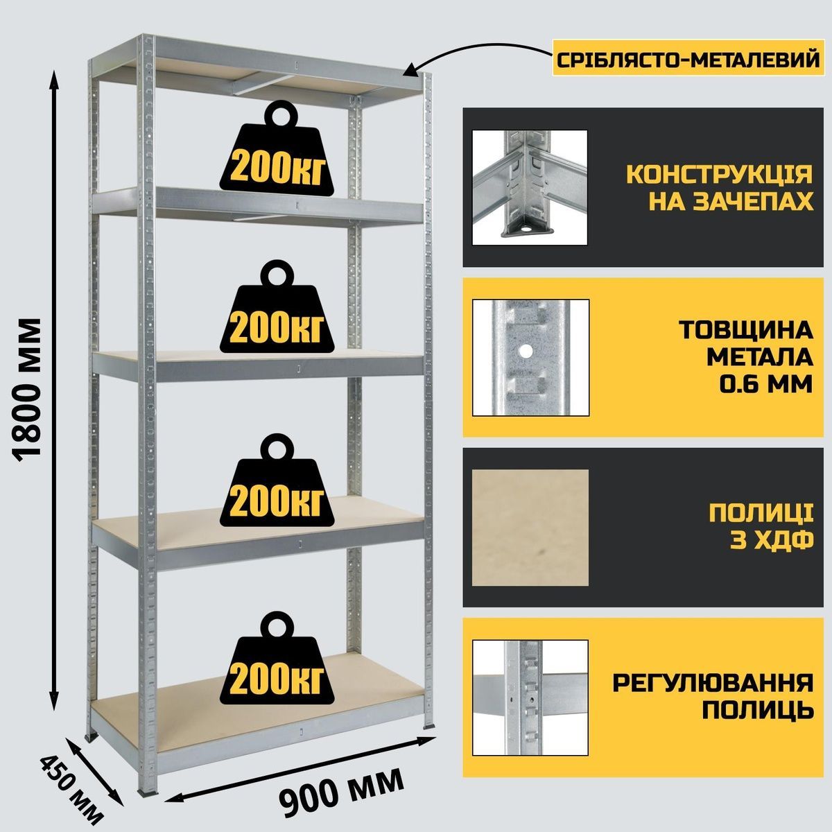 Стелаж 1800x900x450 мм 5 полиць ХДФ металевий оцинкований StahlPro Pure STALPRO_Pure-5P-180-90-45_200 фото