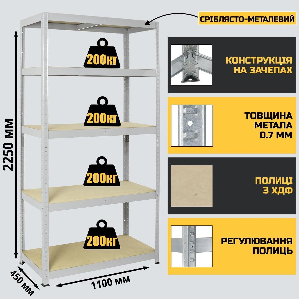 Стелаж 2250x1100x450 мм 5 полиць ХДФ металевий оцинкований StahlPro Pure STALPRO_Pure-5P-225-110-45_200 фото