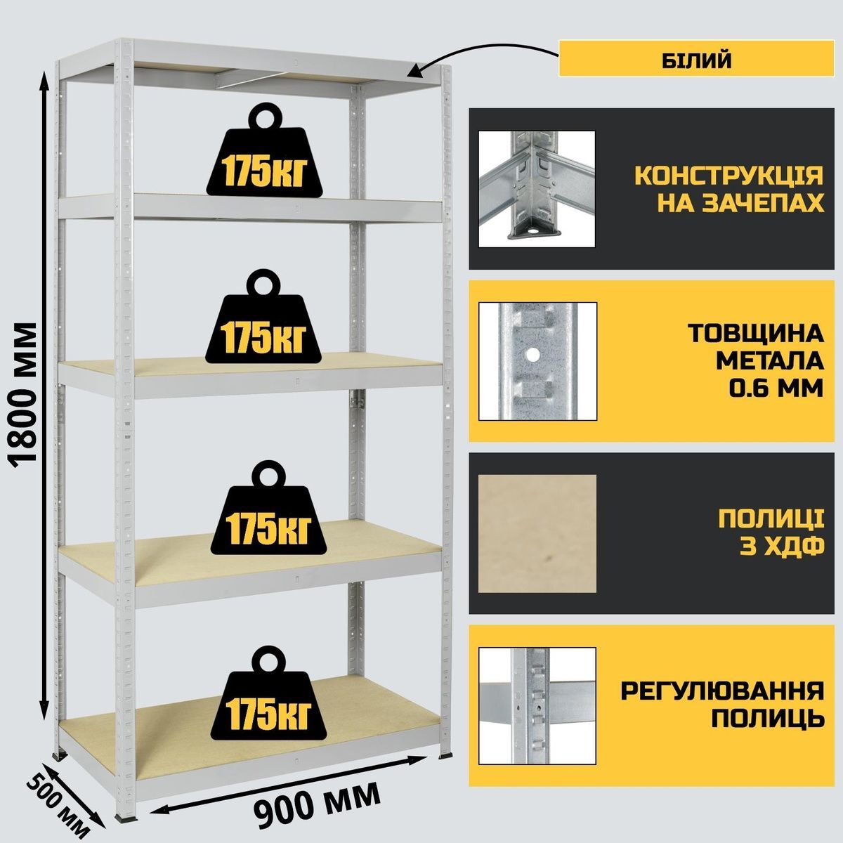 Стелаж 1800x900x500 мм 5 полиць ХДФ металевий фарбований StahlPro Spectrum STALPRO_Spectrum-5P-180-90-50W-175 фото
